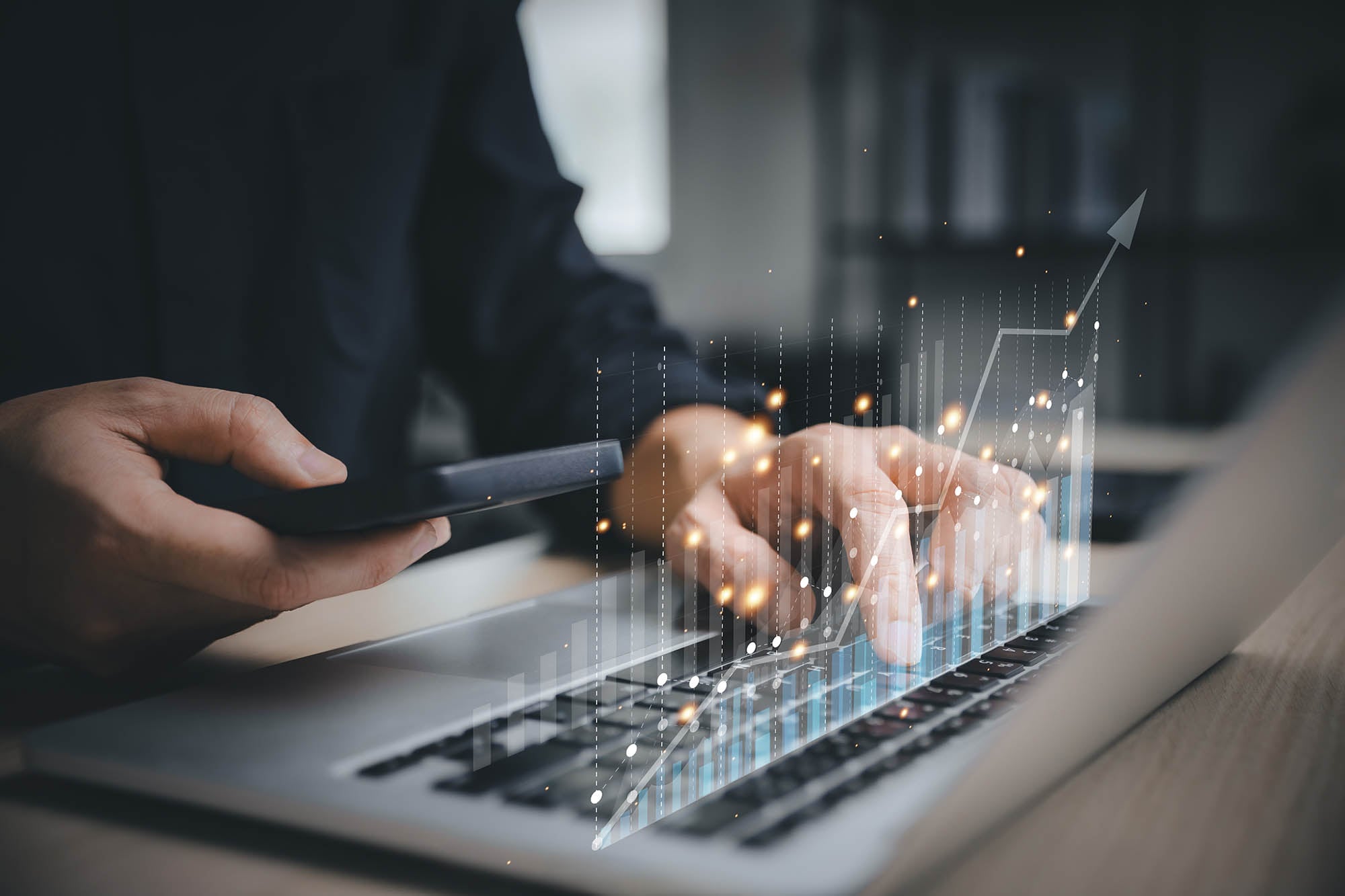 Business finance technology and investment concept. Stock Market Investments Funds and Digital Assets. businessman analyzing forex trading graph financial data. Business finance background.