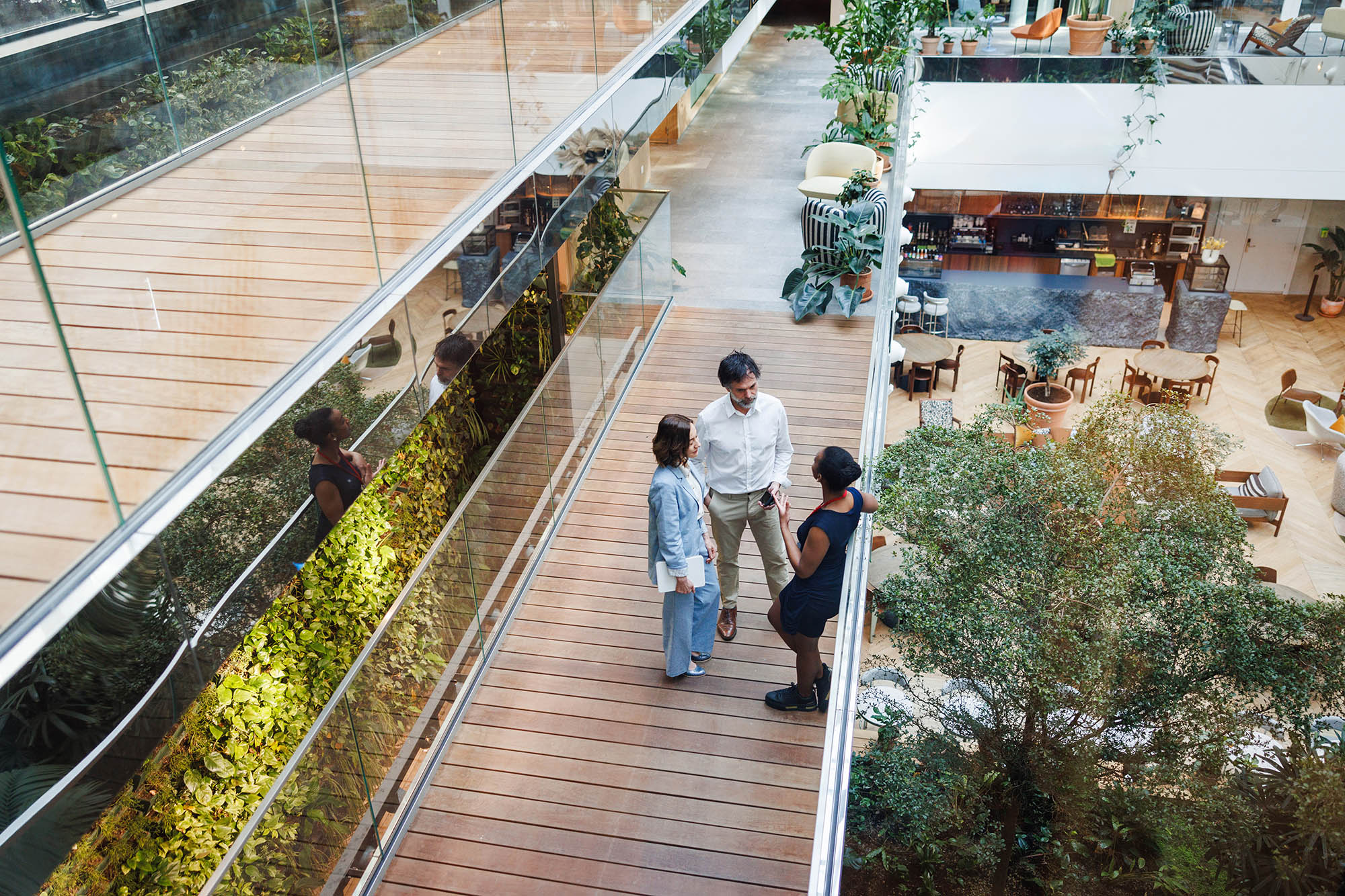 A group of diverse business professionals engage in a strategic conversation while standing in a sunlit, modern office corridor lined with greenery.