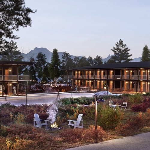 Camp fire pits in front of a hotel