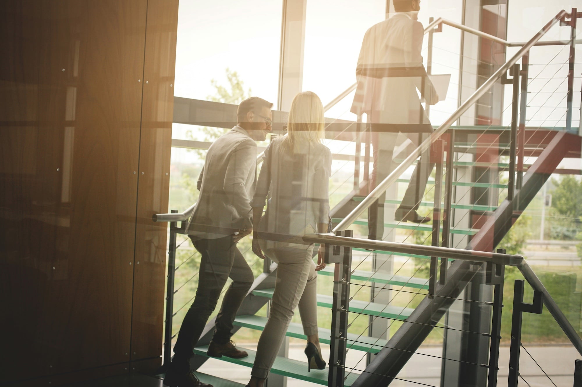 Employees walking on stairs