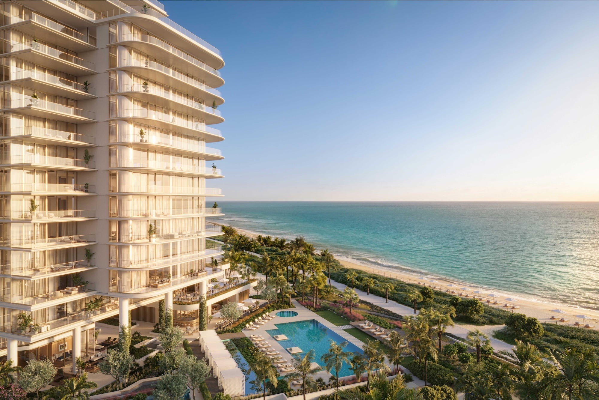 A Luxury Condo with swimming pool and view of Miami beach with palm trees