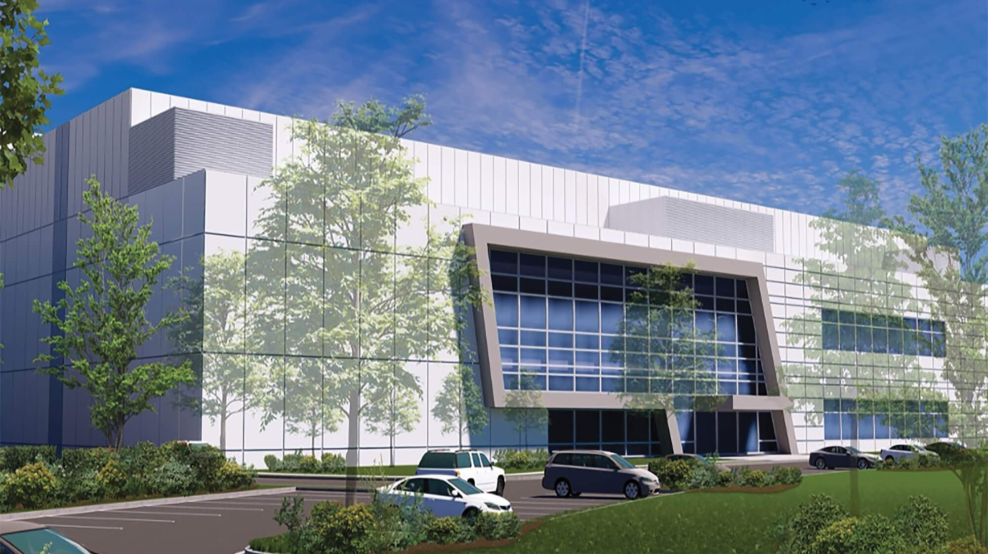 Illustration of the new Loudoun data center, highlighting its innovative architecture and surrounding landscape.